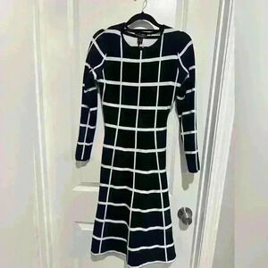 Black and White Grid Knit Long-Sleeve Dress